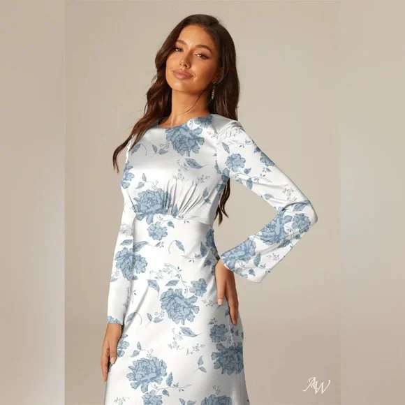 NWOT AW Bridal Elegant Formal Blue and White Floral Long Sleeve Bridesmaid Dress - Picture 3 of 5